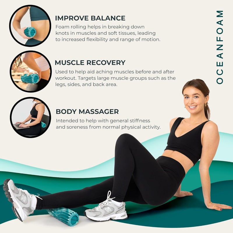 Oceanfoam Ripple Travel Foam Roller (11" x 3.35") Firm Mini Foam Roller for Physical Therapy, Deep Tissue Massage, Back Pain - High Density, Wave Textured - Yoga, Exercise (Jade & Seafoam Marbled) - Image 5